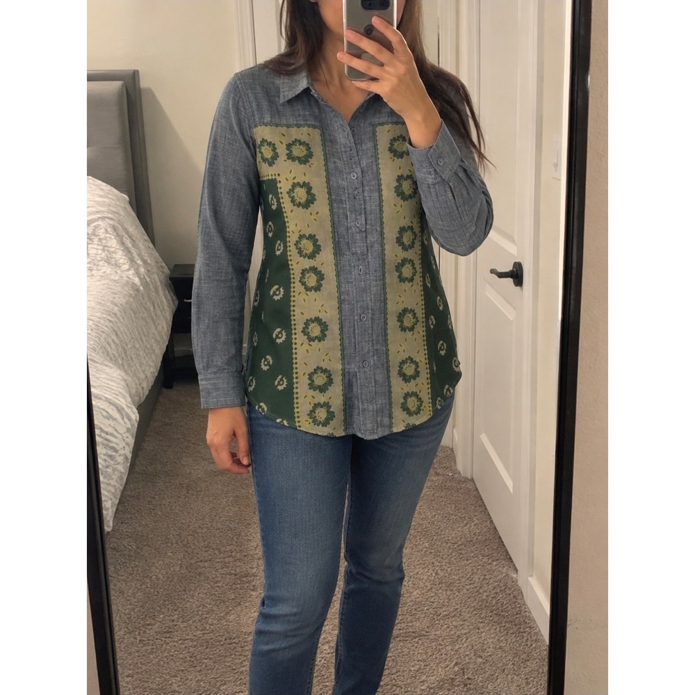 Ravin Womens Blue Chambray Green Floral Mixed Media Button Down Shirt Small